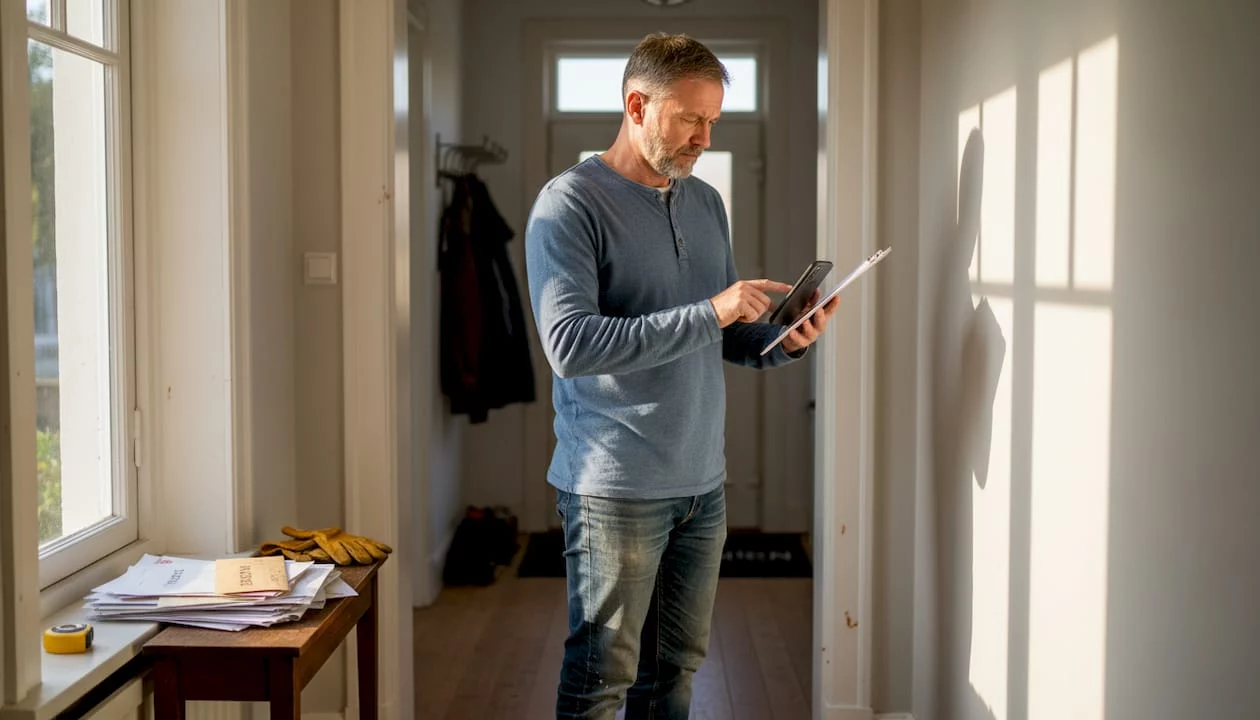 Ein Hauseigentümer begutachtet den Zustand seines Flurs.