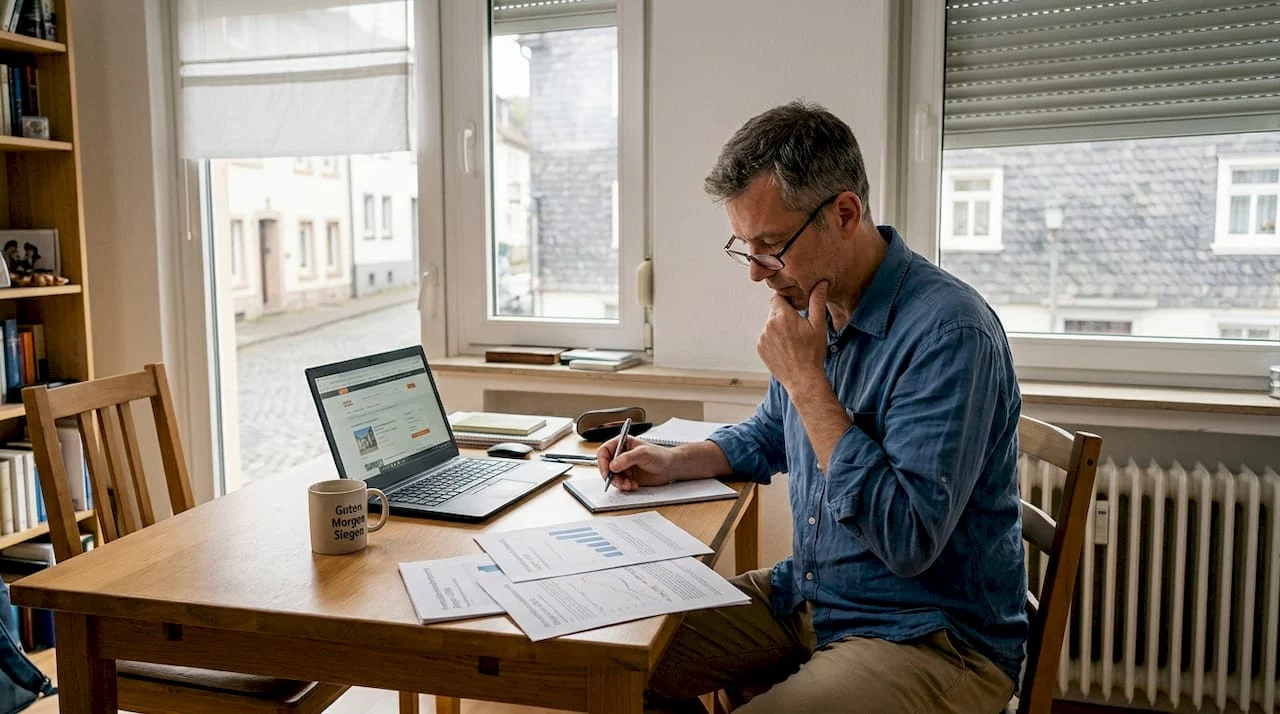 Ein Vermieter verschafft sich in seiner Siegener Wohnung einen Überblick über aktuelle Marktanalysen.