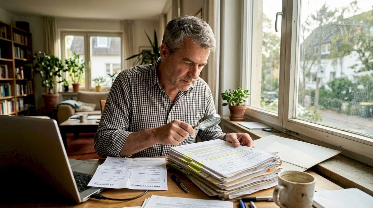 Der Eigentümer sichtet im Wohnzimmer die Unterlagen zum Sondereigentum.