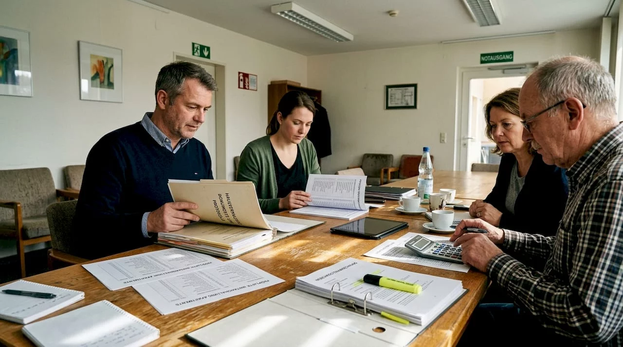 Wohnungseigentümer sitzen gemeinsam zur Besprechung mit der Hausverwaltung am Konferenztisch.