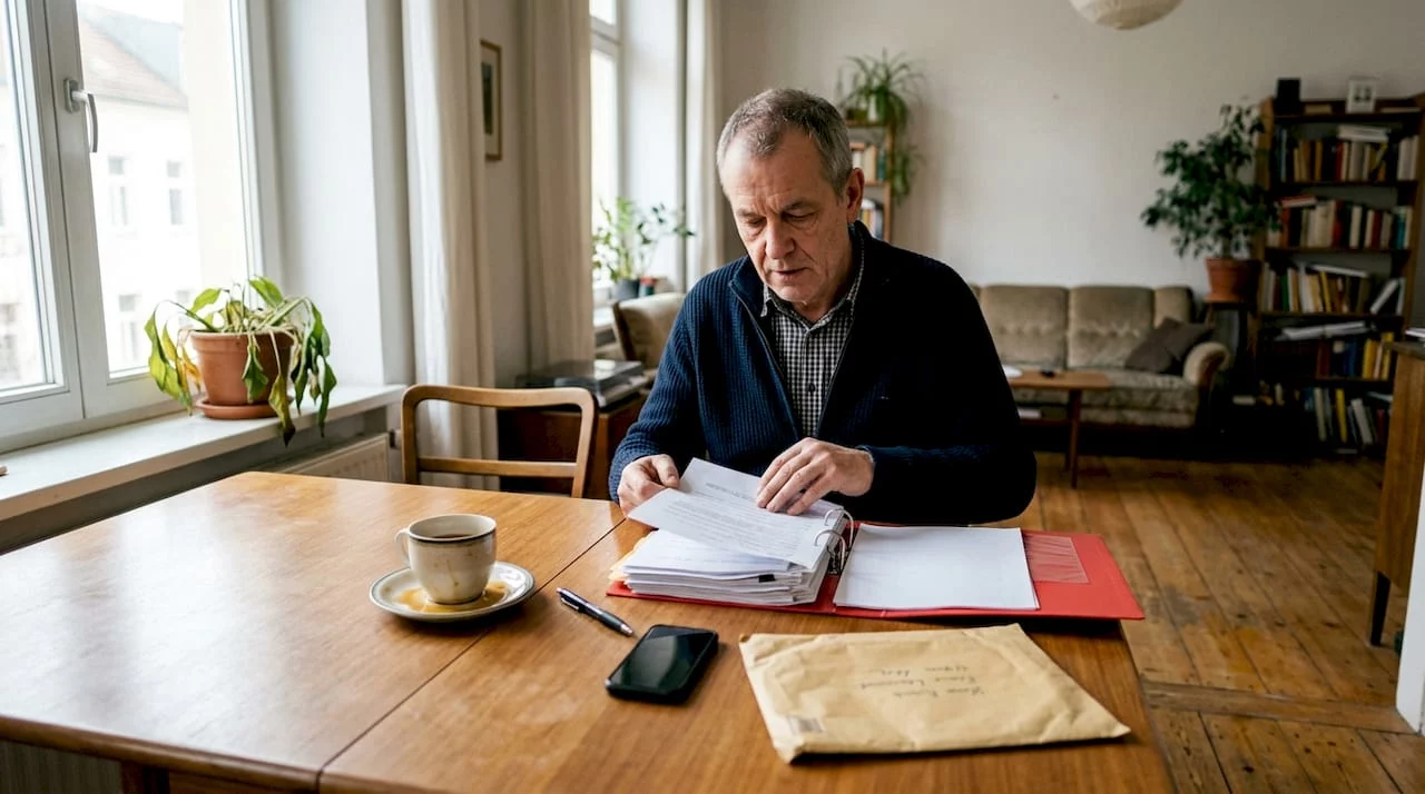 Der Eigentümer geht im Wohnzimmer seine Checkliste durch.