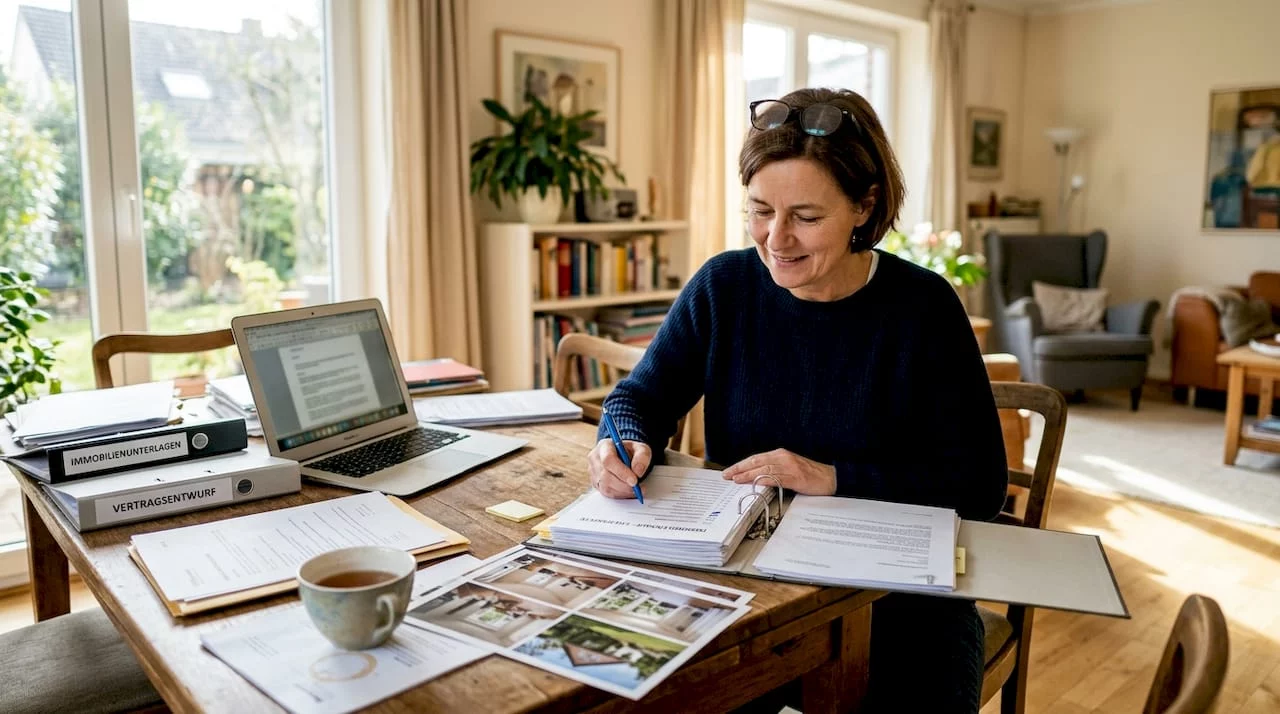 Eine Frau prüft zu Hause Unterlagen zu ihrer Immobilie.