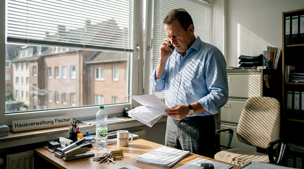 Der Hausverwalter prüft die eingegangenen Rechnungen in seinem Büro.