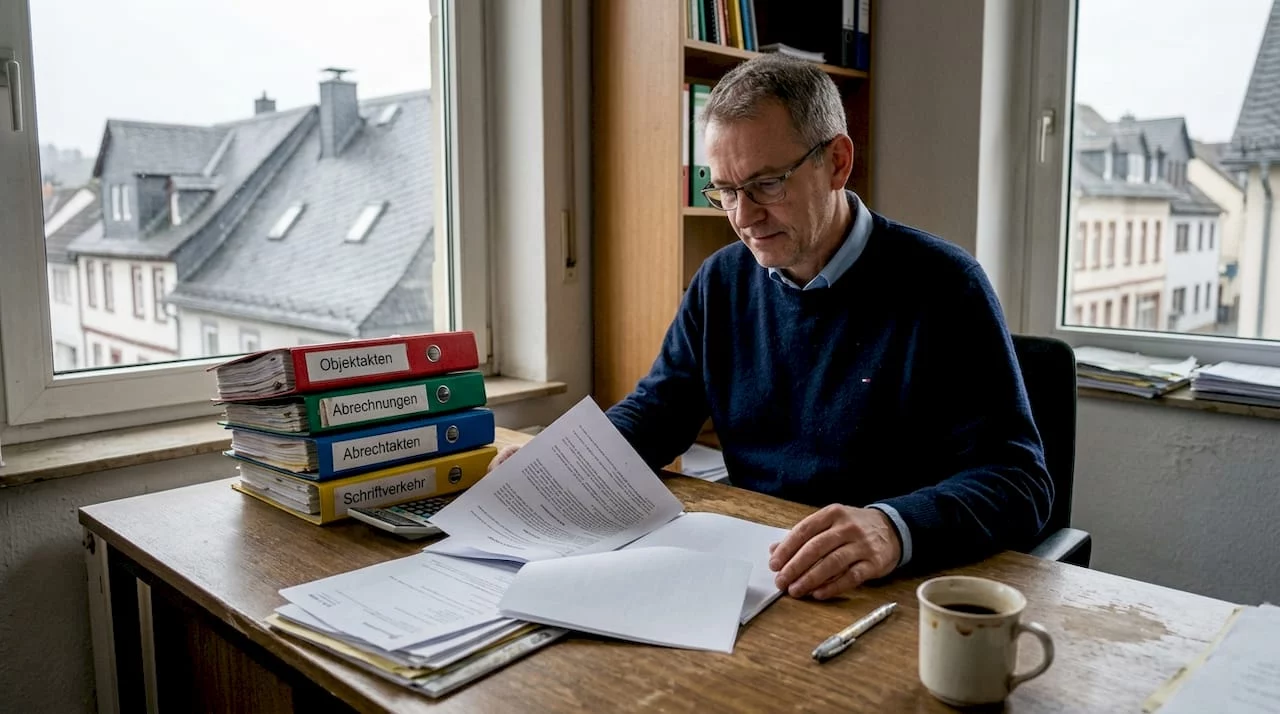 Ein Mann sichtet Unterlagen der Hausverwaltung an seinem Schreibtisch.