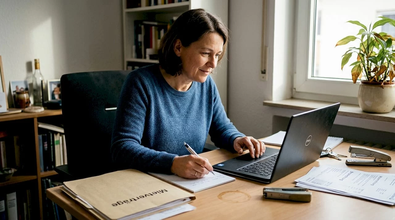 Ein Hausverwalter prüft Unterlagen im heimischen Arbeitszimmer.