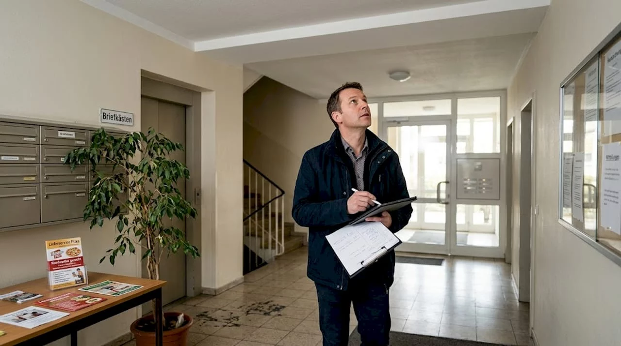 Der Hausverwalter verschafft sich einen Überblick über den Zustand des Hausflurs.