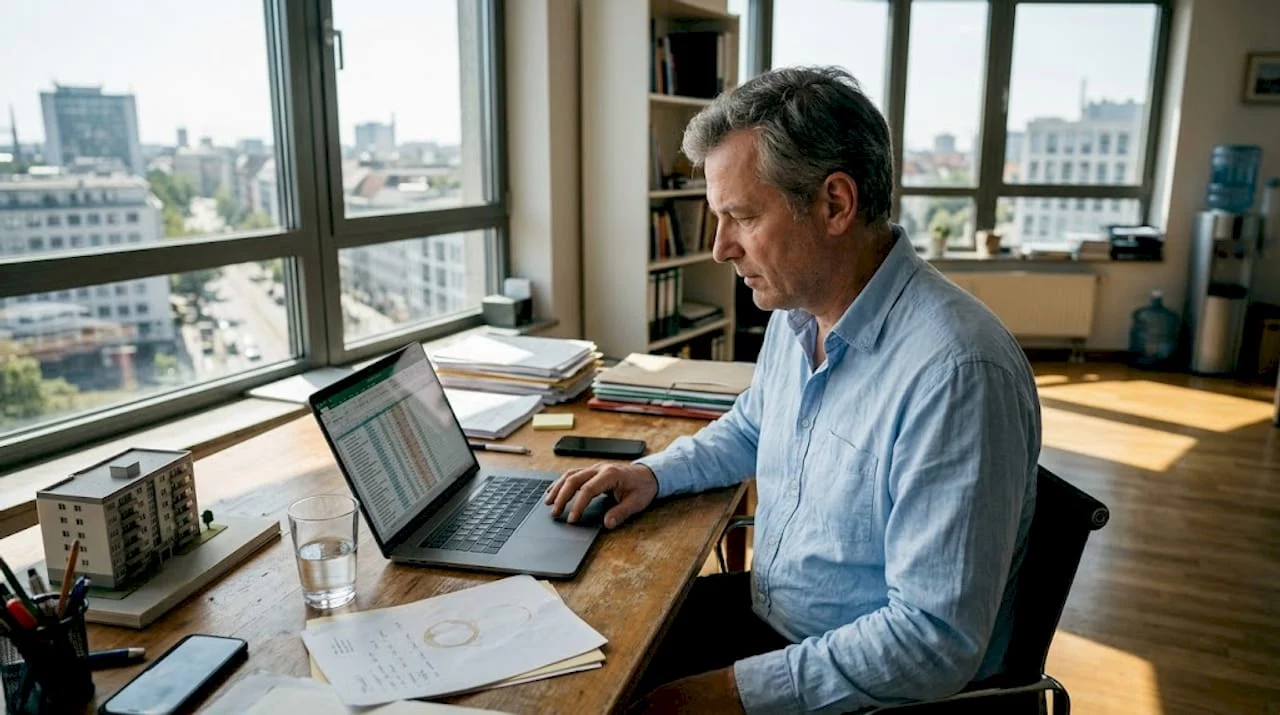 Ein Immobilienmanager arbeitet konzentriert mit seinem Laptop im großzügigen Eckbüro.