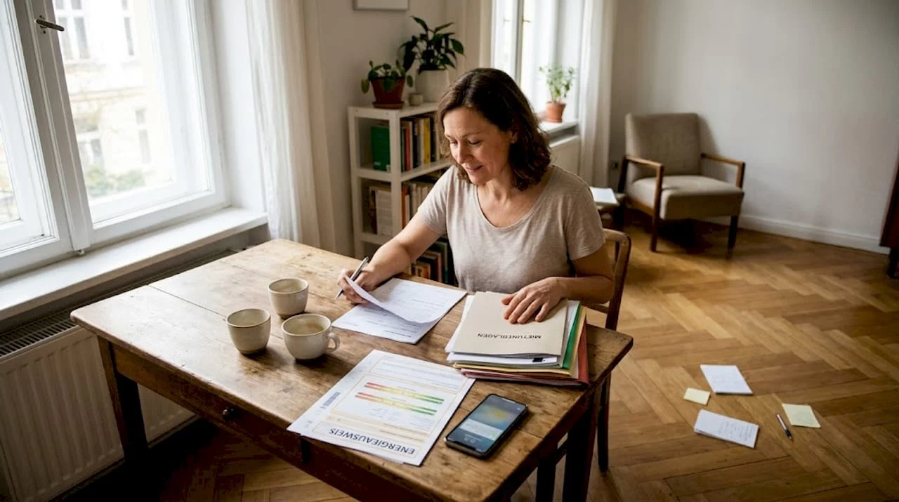 Eine Frau sortiert im Wohnzimmer ihre Unterlagen für die Wohnungsbewerbung.