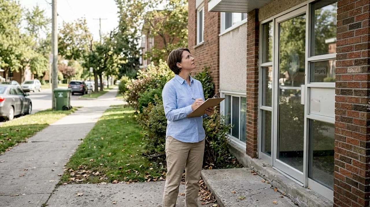Der Hausverwalter überprüft das Gebäude bei einer Außenbegehung.