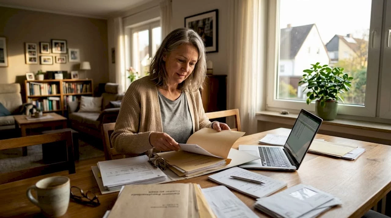 Eine Frau sitzt am Tisch und ordnet Unterlagen zum Sondereigentum.