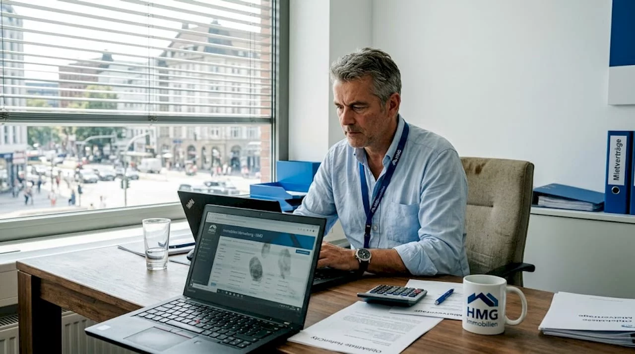 Ein Immobilienverwalter erledigt seine täglichen Aufgaben am Laptop im Büro.