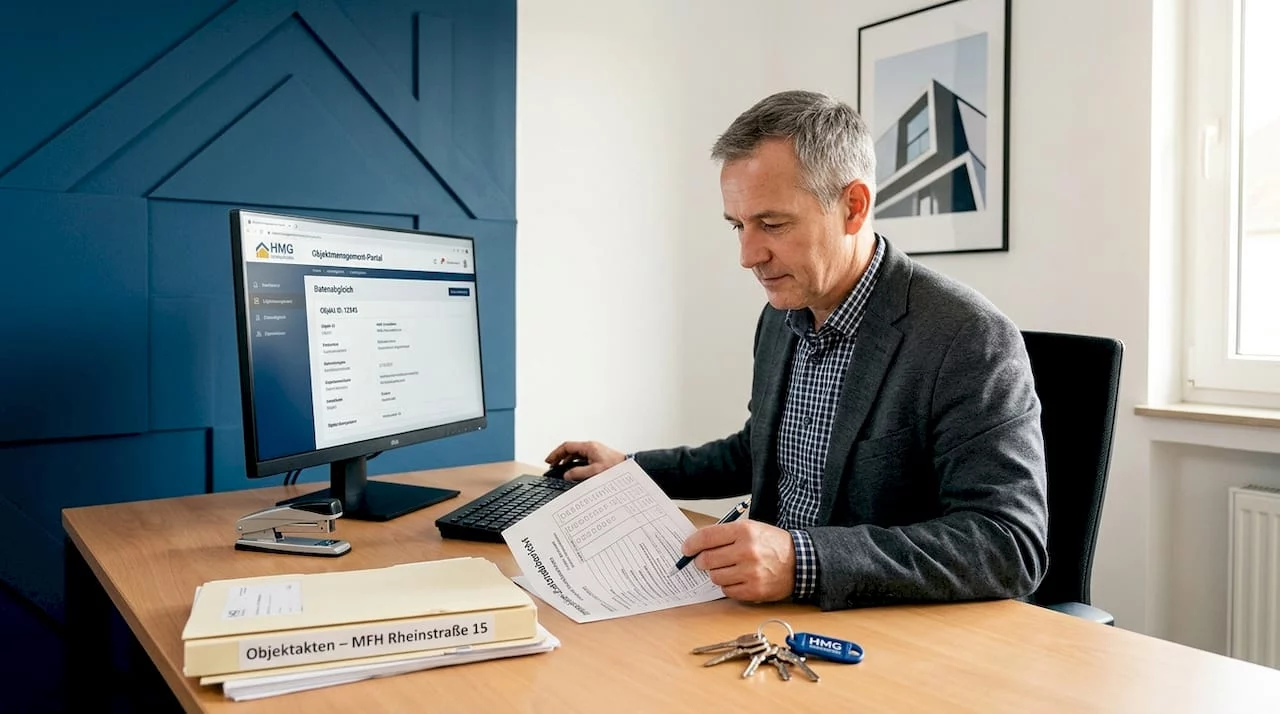 Ein Hausverwalter sitzt am Schreibtisch und prüft die Checkliste für die Wohnungsübergabe.