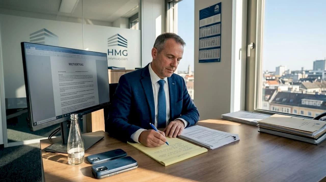 Ein Hausverwalter nimmt im Büro die Mietverträge genau unter die Lupe.