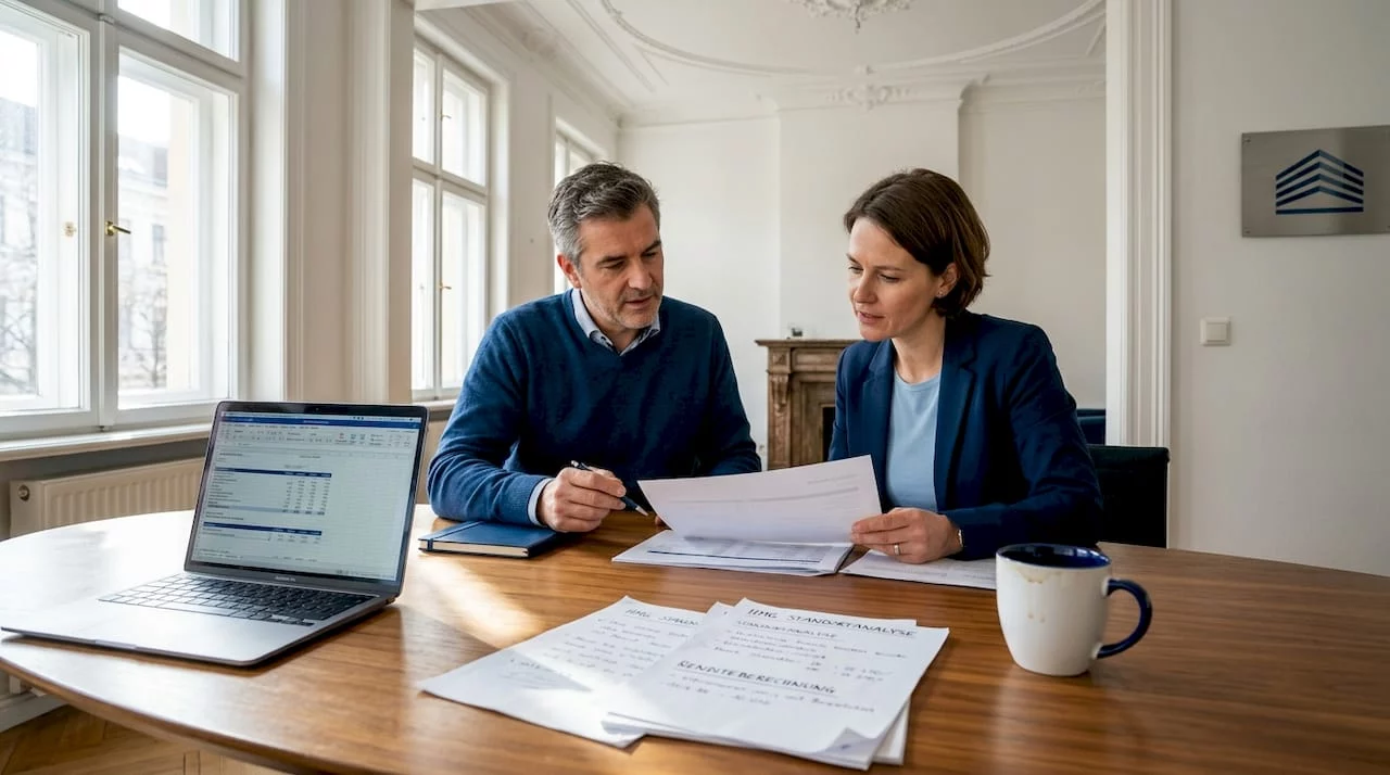 Zwei Eigentümer sitzen gemeinsam am Tisch und gehen ihre Immobilienunterlagen durch.