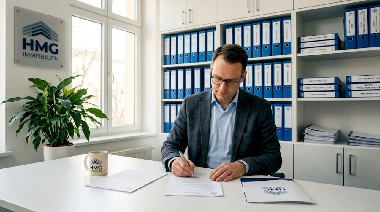 Ein Hausverwalter erledigt seine täglichen Aufgaben am Schreibtisch im Büro.