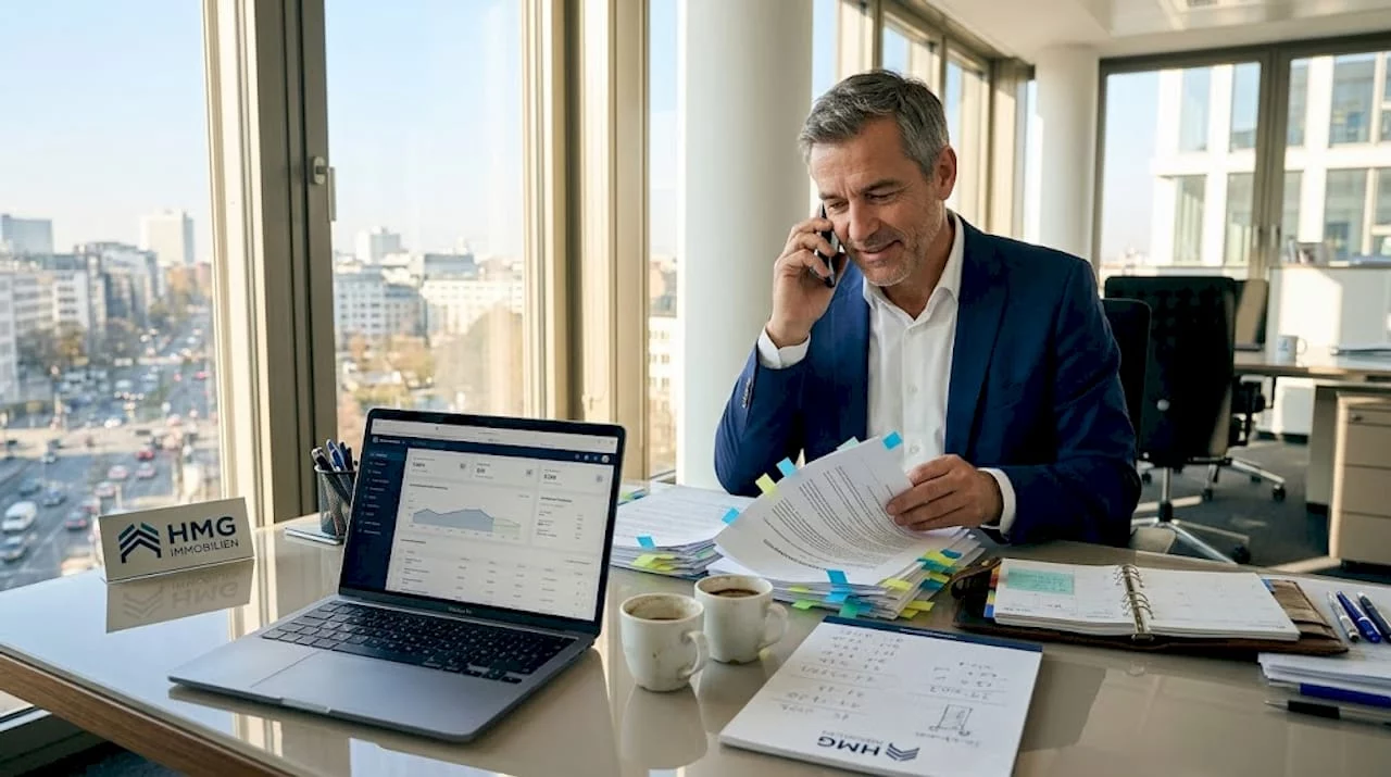 Ein Hausverwalter versucht, sich an seinem überladenen Schreibtisch im Büro zu organisieren.