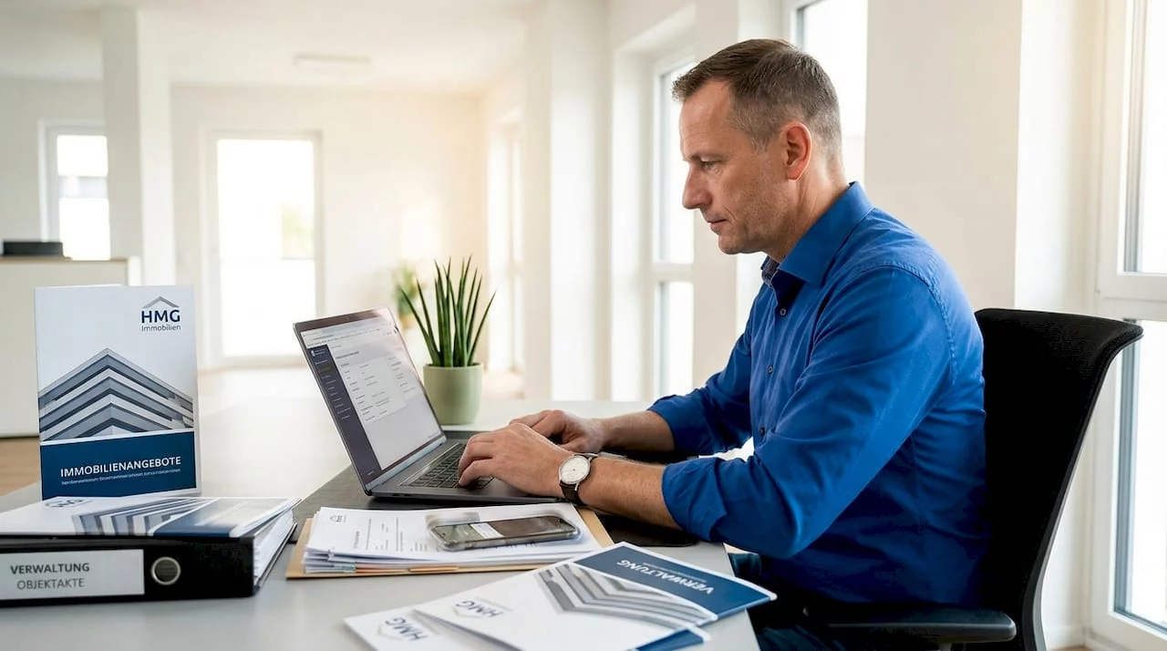 Eine Immobilienverwalterin arbeitet konzentriert an ihrem Schreibtisch im Homeoffice.