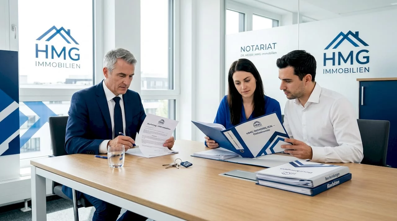 Beim Notartermin besprechen die Immobilienkäufer gemeinsam mit dem Notar alle relevanten Unterlagen.