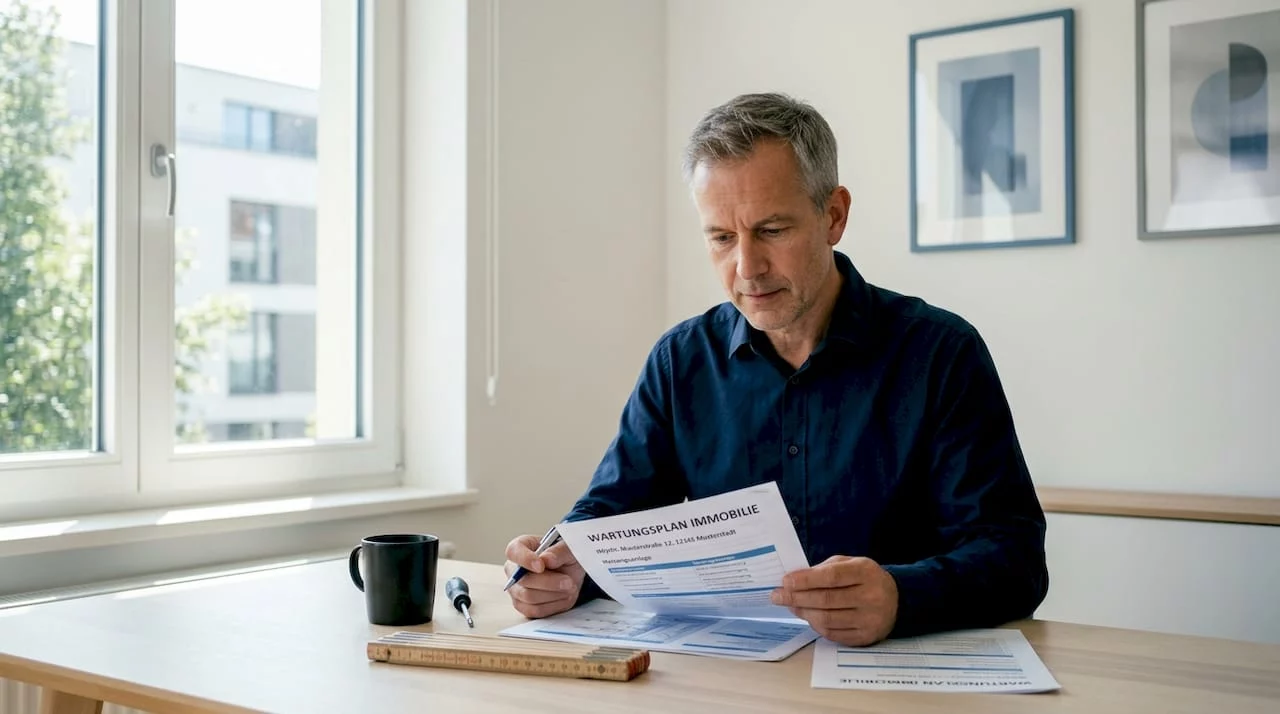 Der Eigentümer verschafft sich am Schreibtisch einen Überblick über die Wartungsdokumente.