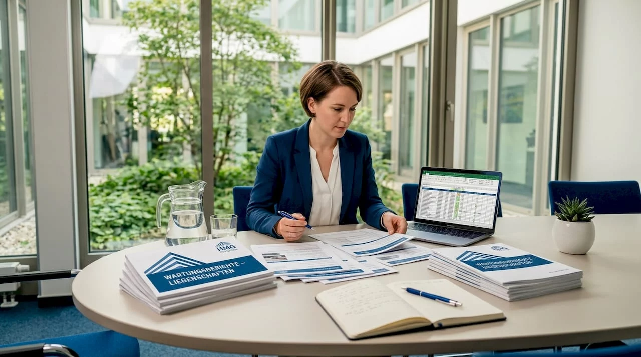 Ein Hausverwalter sitzt am Schreibtisch und arbeitet konzentriert an verschiedenen Abrechnungen und Berichten.