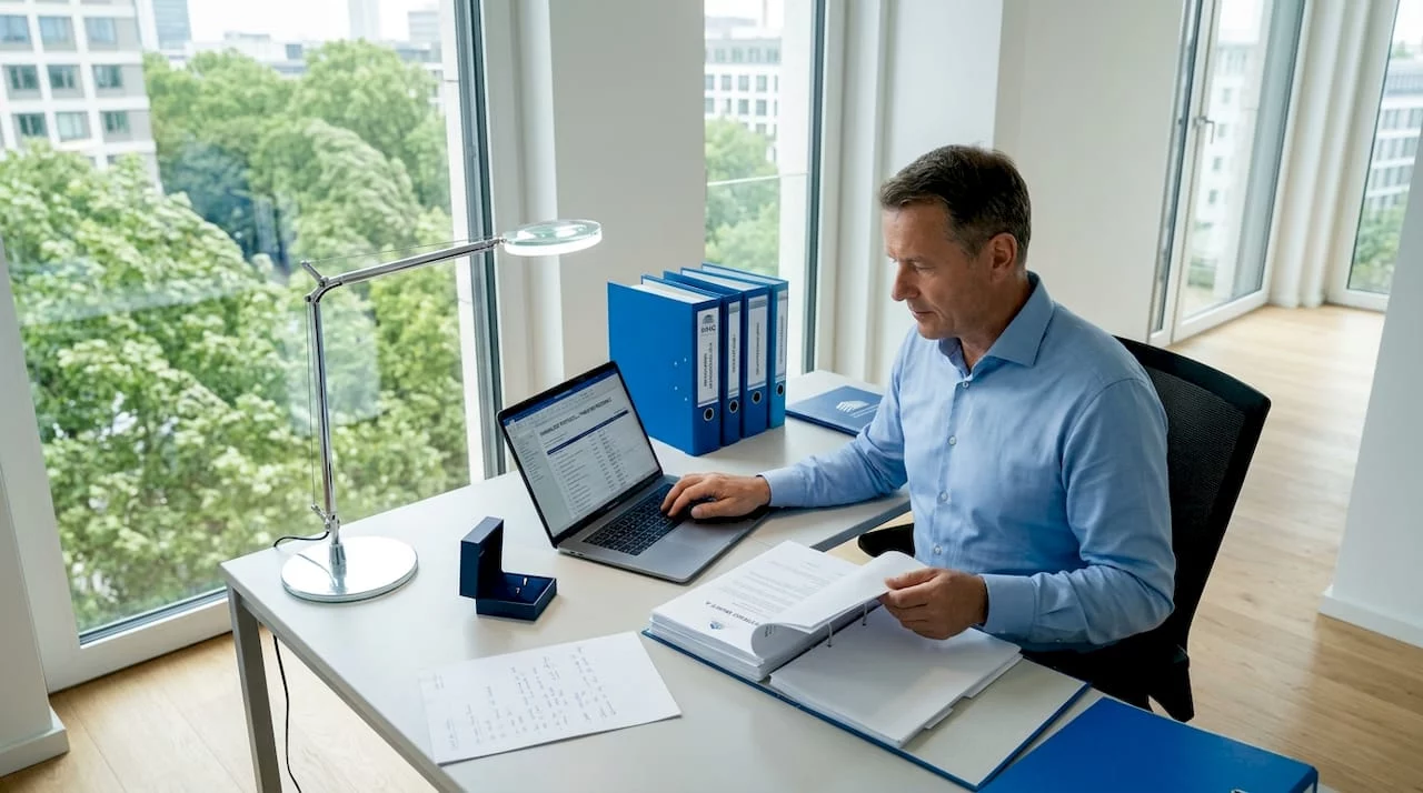 Im Büro nimmt der Immobilienverwalter die Unterlagen genau unter die Lupe.
