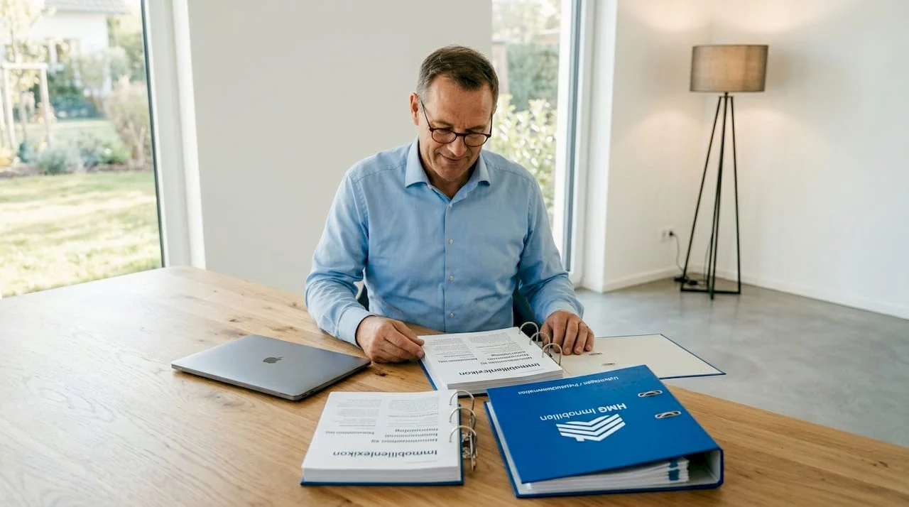 Ein Immobilienprofi sitzt am Schreibtisch und geht Fachbegriffe im Glossar durch.