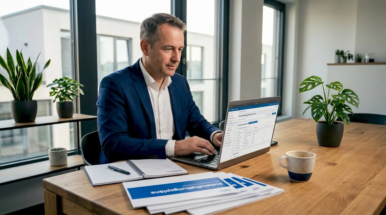 Ein Hausverwalter erstellt im Büro einen Plan für die regelmäßige Wartung der Immobilie.