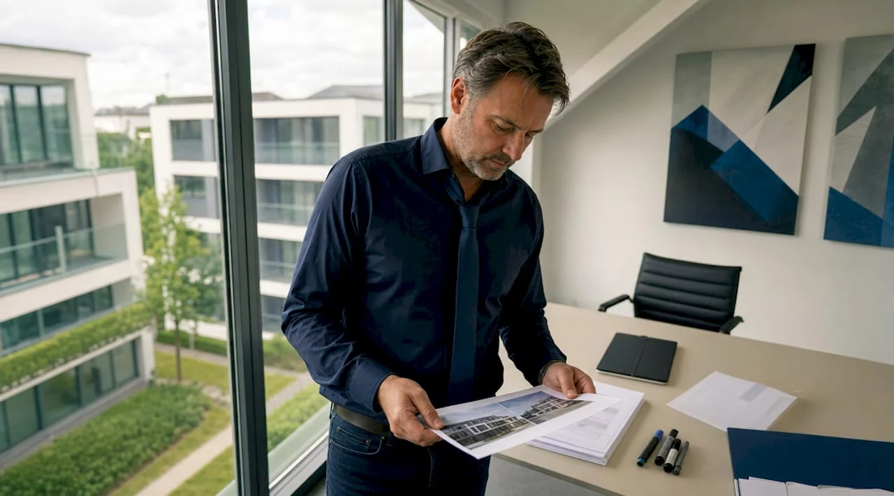 Ein Immobilienverwalter kümmert sich im Büro um sein Immobilienportfolio.
