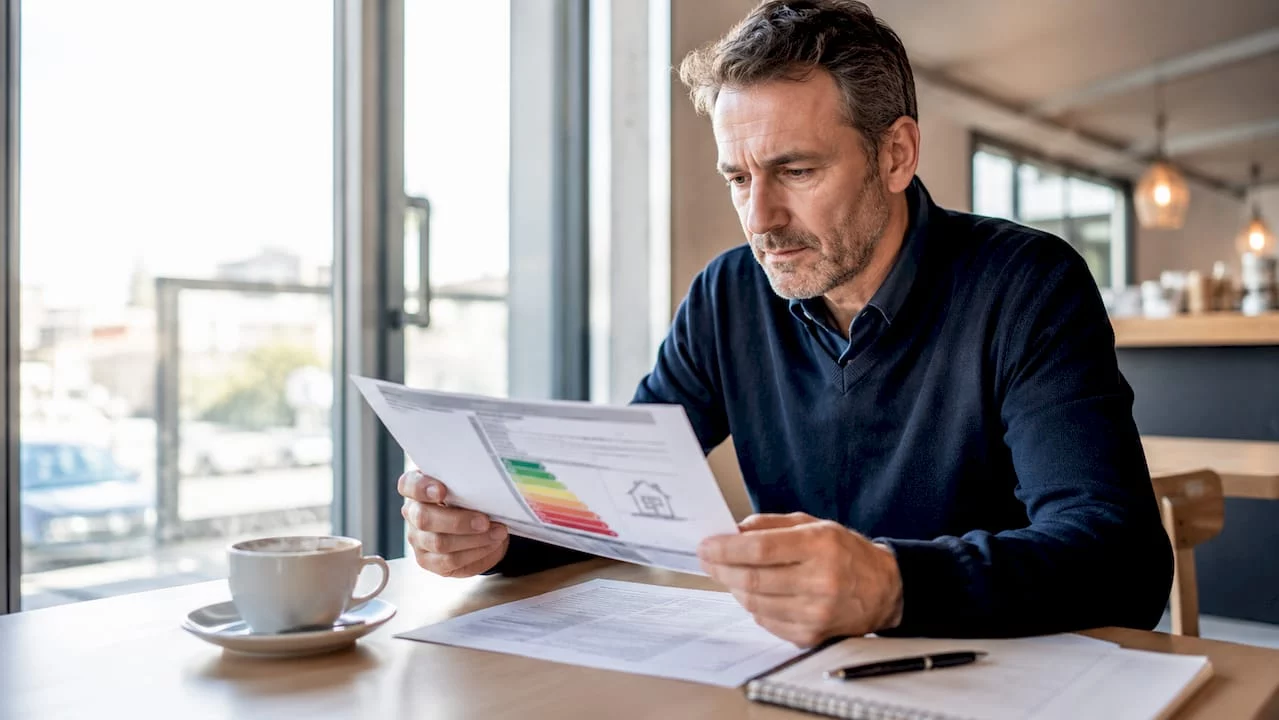 Ein Hauseigentümer nimmt den Energieausweis in seinem Büro genau unter die Lupe.