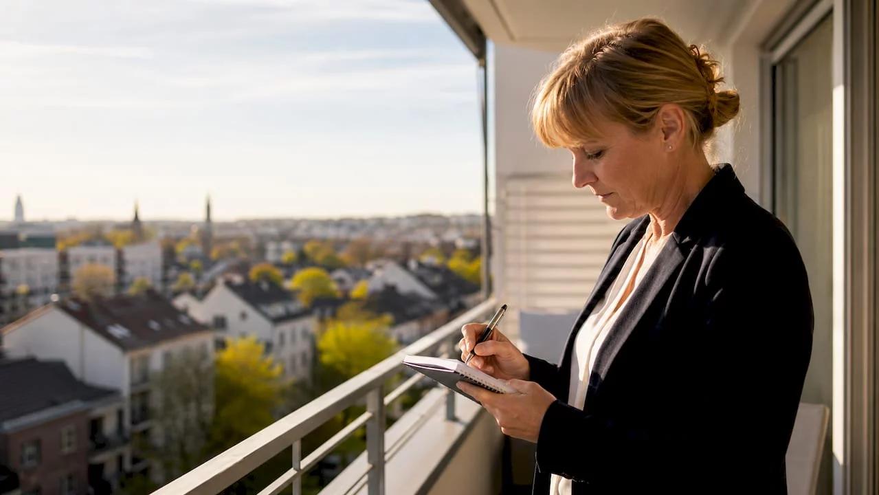 Eine Frau steht mit Übergabeprotokoll in ihrer frisch geräumten Wohnung.